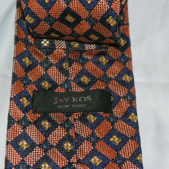 Jay Kos Blue Red Diamond Foulard Men Silk Necktie - Picture 4 of 4